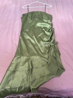 Olive Green Satin High-Low Dress with Ruffle Side Accent